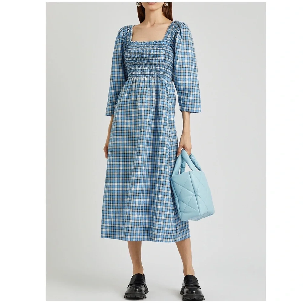 GANNI Seersucker Check Midi Dress - Check Azure Blue